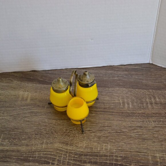Vtg Yellow Glass Condiment Set in Metal Stand - Picture 2 of 11